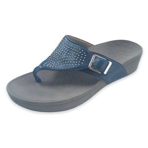 Size 10 Vionic Women Buckle Adjustable Wedge Blue Brown Gold Sandals